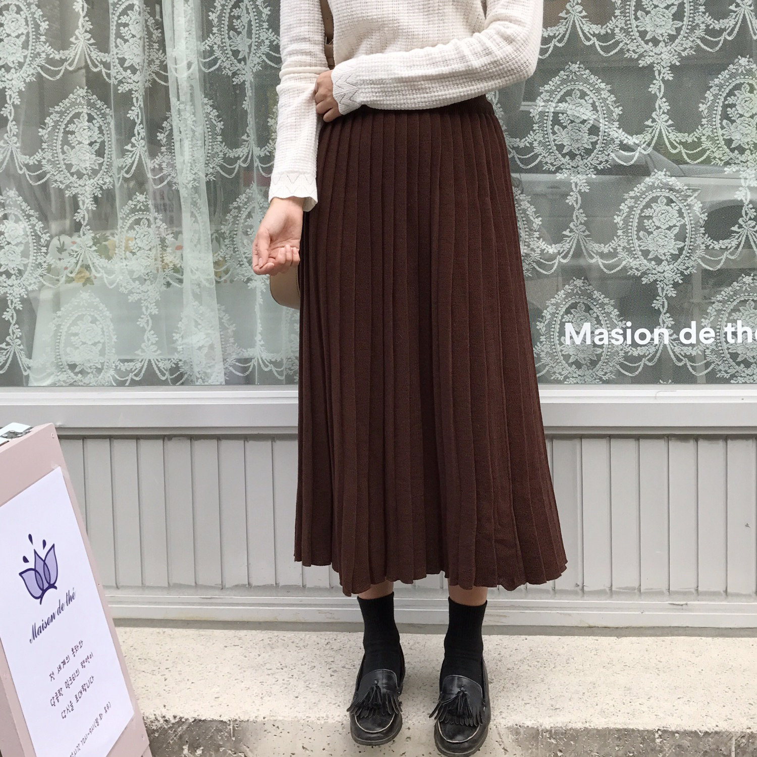 Winter knit pleated long skirt 4color wrinkles
