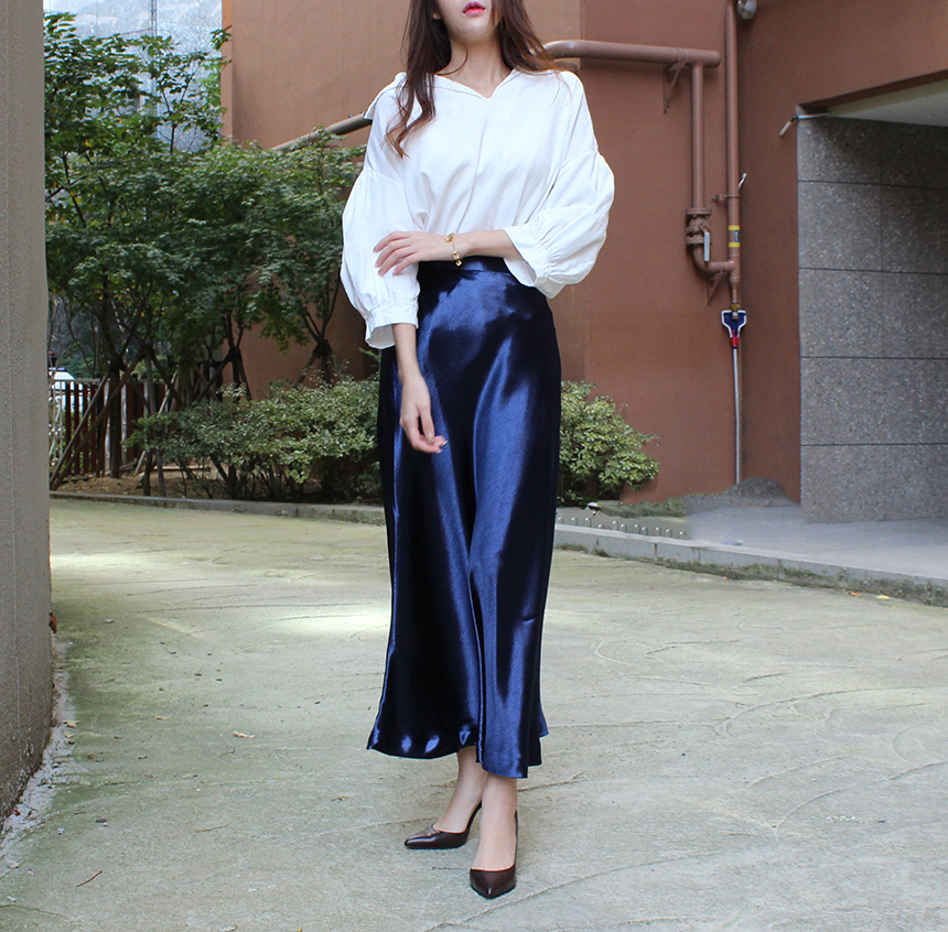 Silk Satin Flare Long Skirt Blue, Silver, Hepburn 