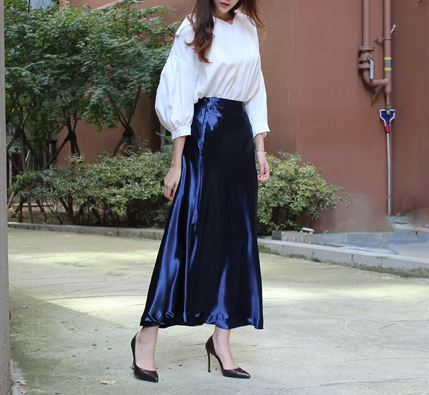Silk Satin Flare Long Skirt Blue, Silver, Hepburn 