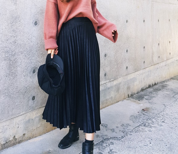 Pleated Pleated Long Skirt 3color Sun My Way Metal