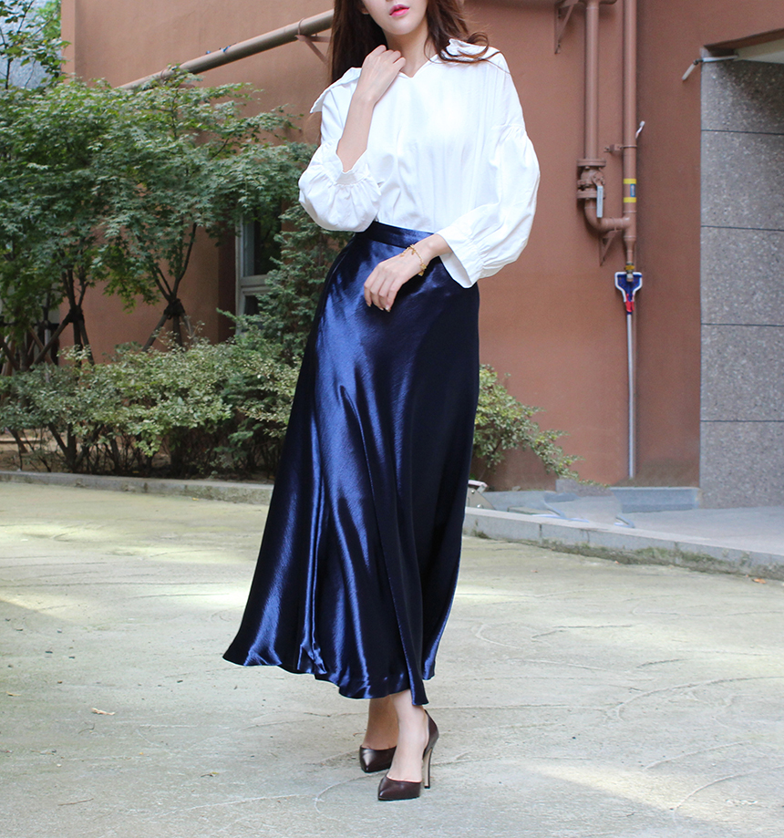 Silk Satin Flare Long Skirt Blue, Silver, Hepburn 