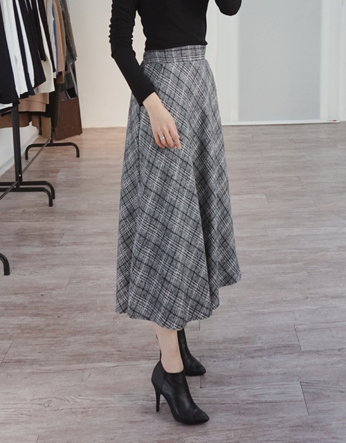 Wool Check Flare Long Skirt Winter Banding Skirt A