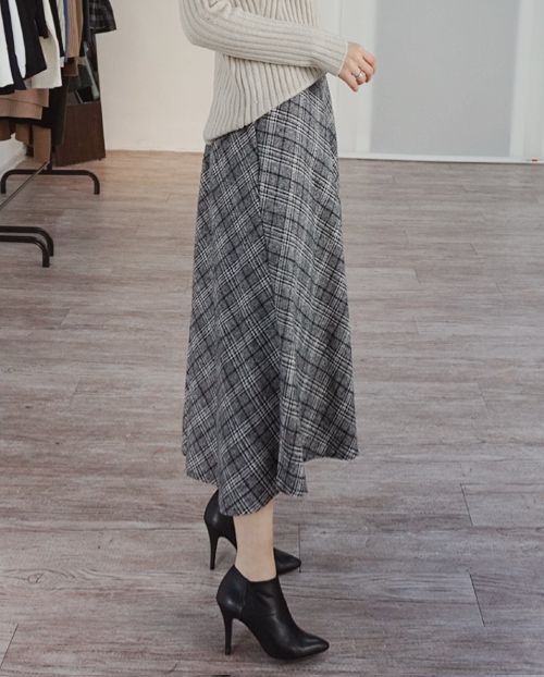 Wool Check Flare Long Skirt Winter Banding Skirt A
