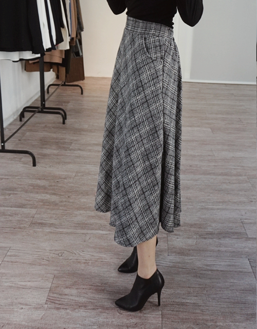 Wool Check Flare Long Skirt Winter Banding Skirt A