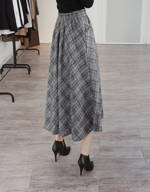 Wool Check Flare Long Skirt Winter Banding Skirt A