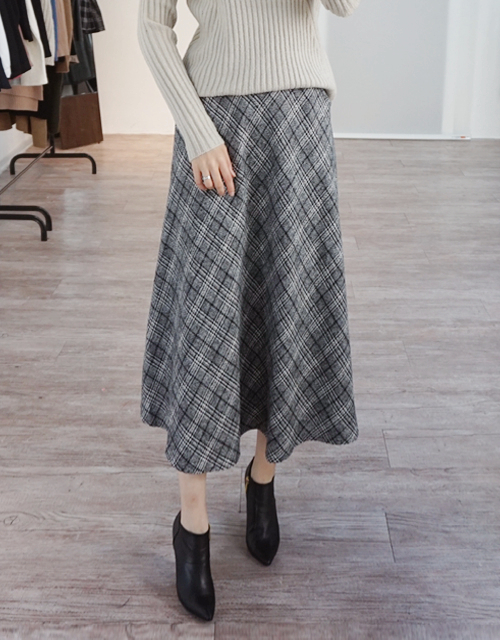 Wool Check Flare Long Skirt Winter Banding Skirt A