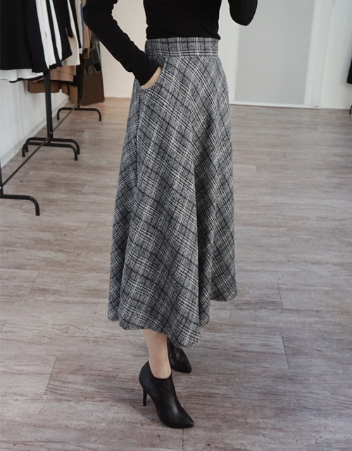 Wool Check Flare Long Skirt Winter Banding Skirt A
