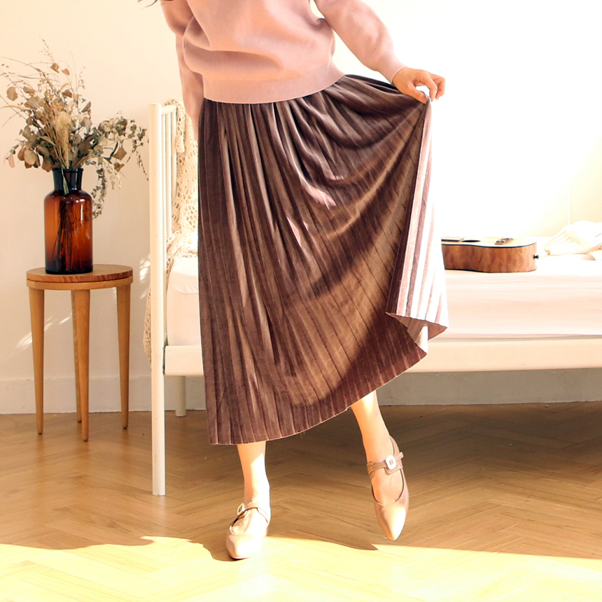 Velvet Long Pleated Flare A Line Pleated Fall Skir