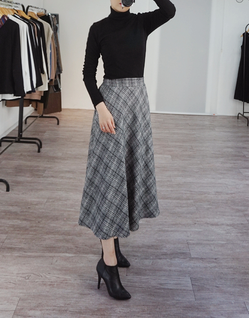 Wool Check Flare Long Skirt Winter Banding Skirt A