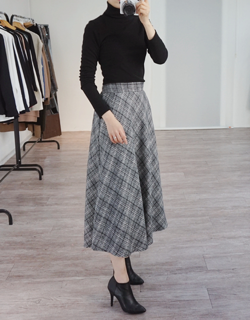 Wool Check Flare Long Skirt Winter Banding Skirt A