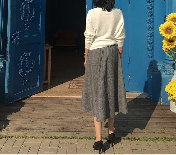 Check flare Pleated A-line long skirt 2color Herri