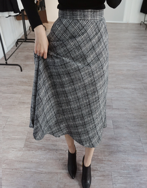 Wool Check Flare Long Skirt Winter Banding Skirt A
