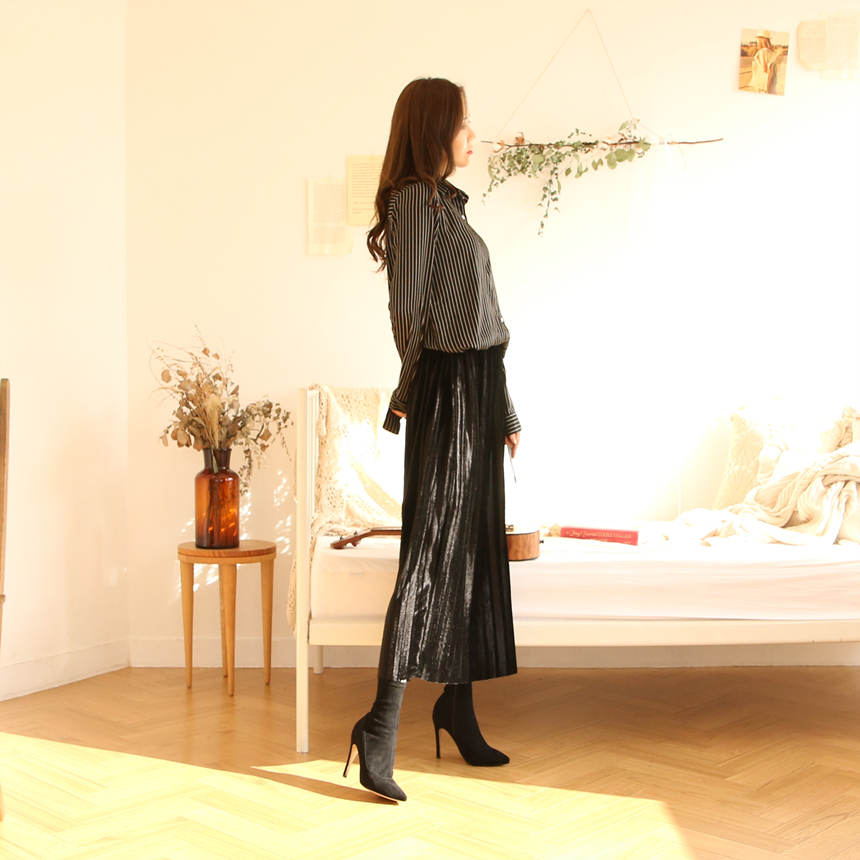 Velvet Long Pleated Flare A Line Pleated Fall Skir