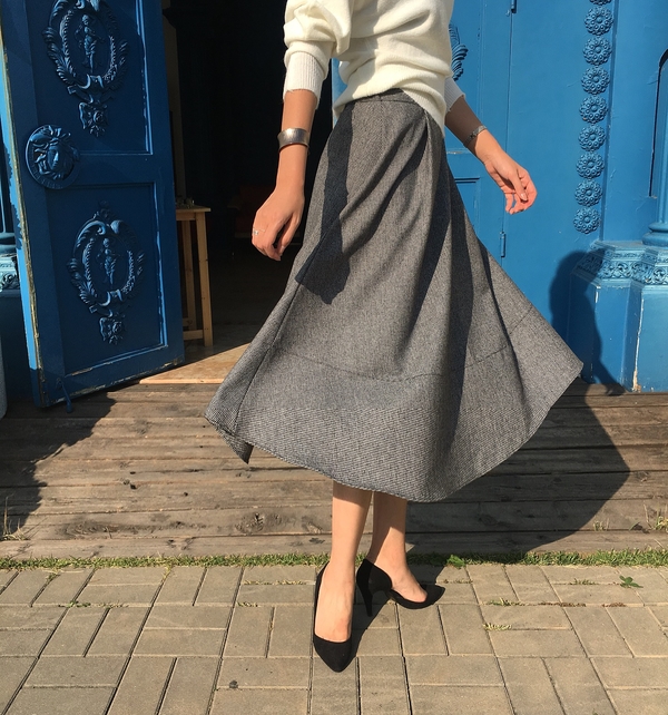 Check flare Pleated A-line long skirt 2color Herri