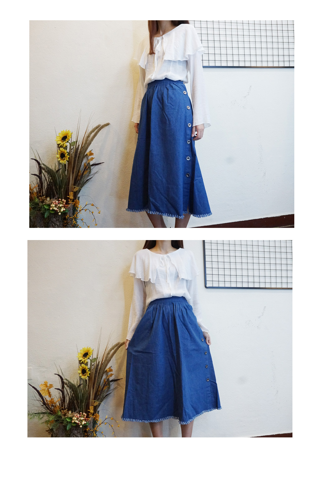 Denim Long flared banding skirt a line Mid Pleated