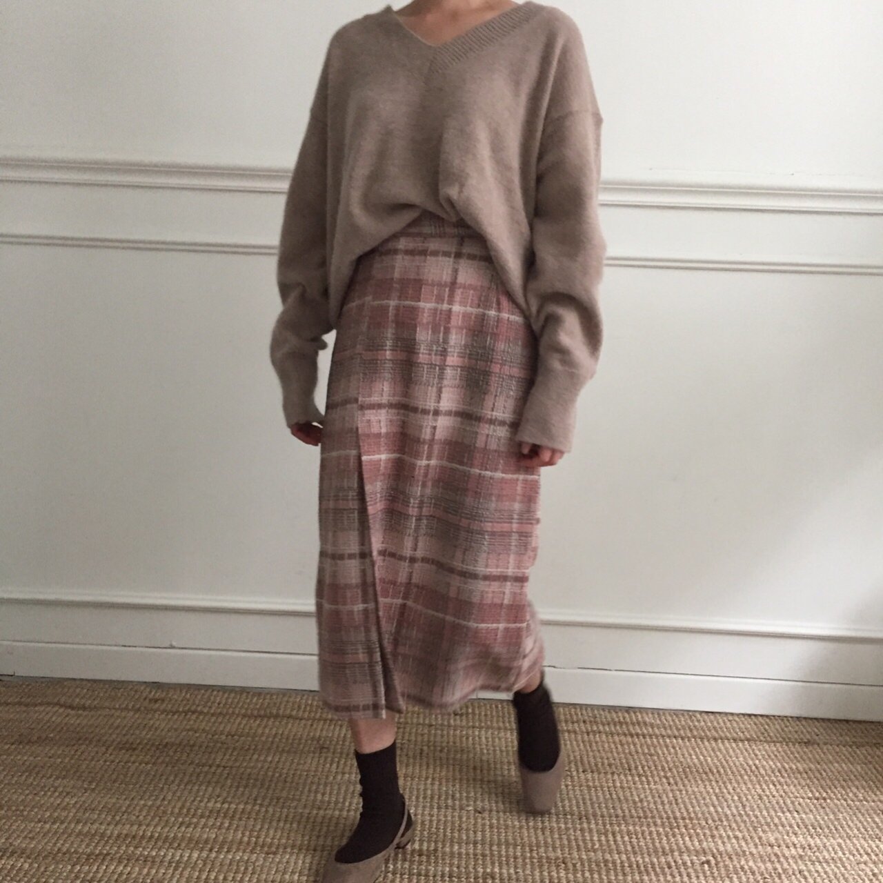 Check-in skirt pink gray wool banding long winter 