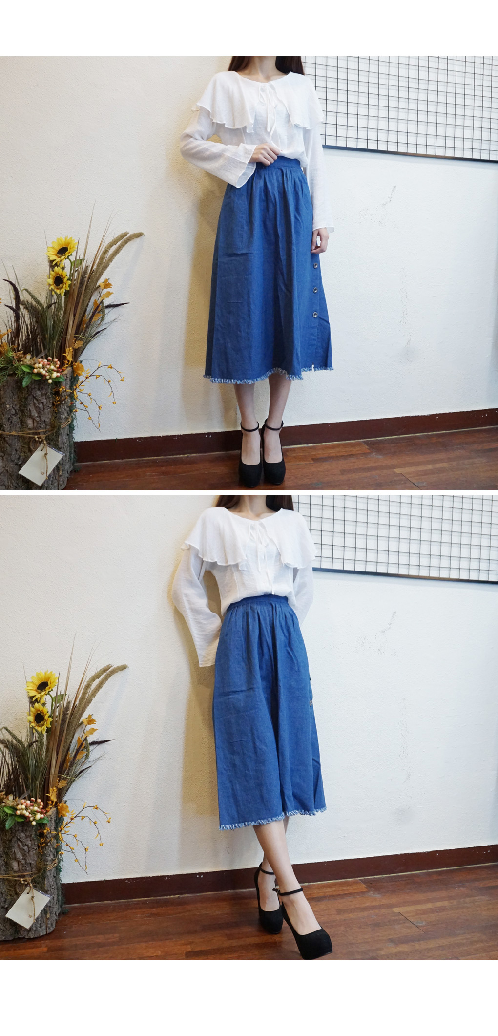 Denim Long flared banding skirt a line Mid Pleated