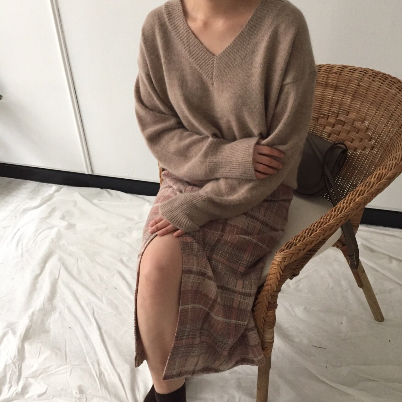 Check-in skirt pink gray wool banding long winter 