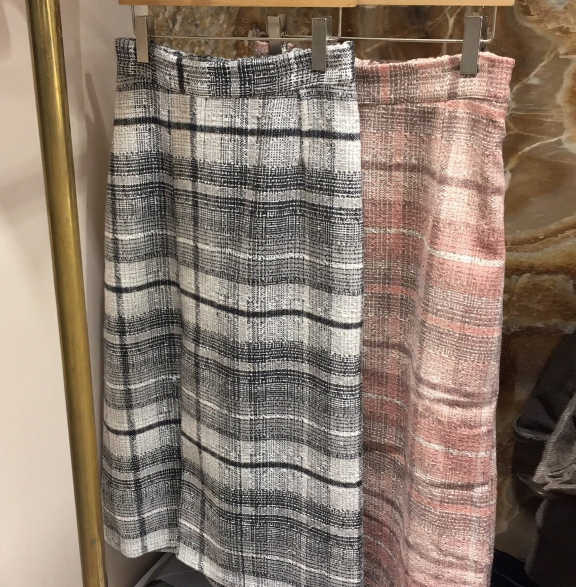 Check-in skirt pink gray wool banding long winter 