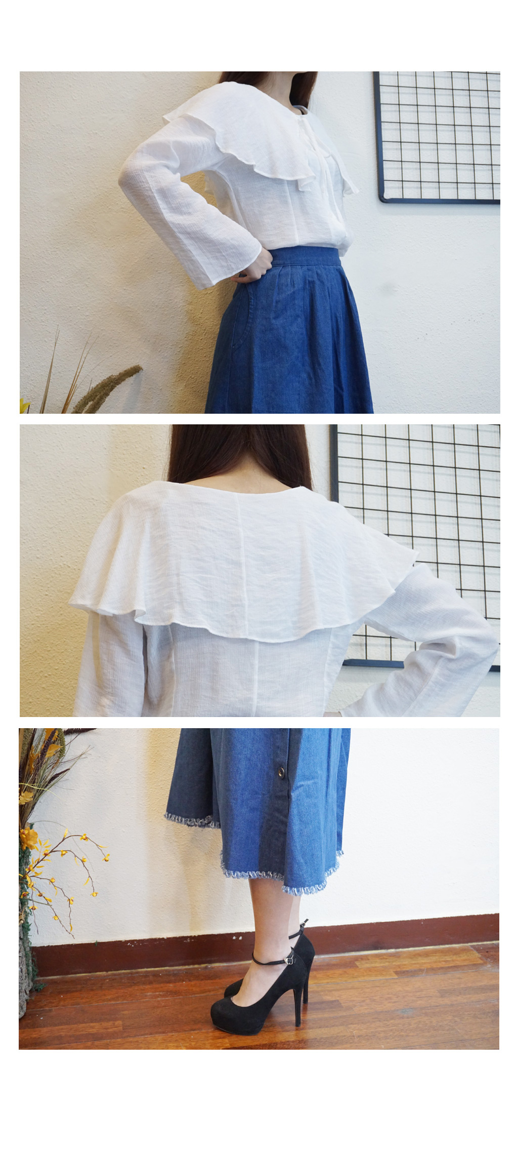 Denim Long flared banding skirt a line Mid Pleated