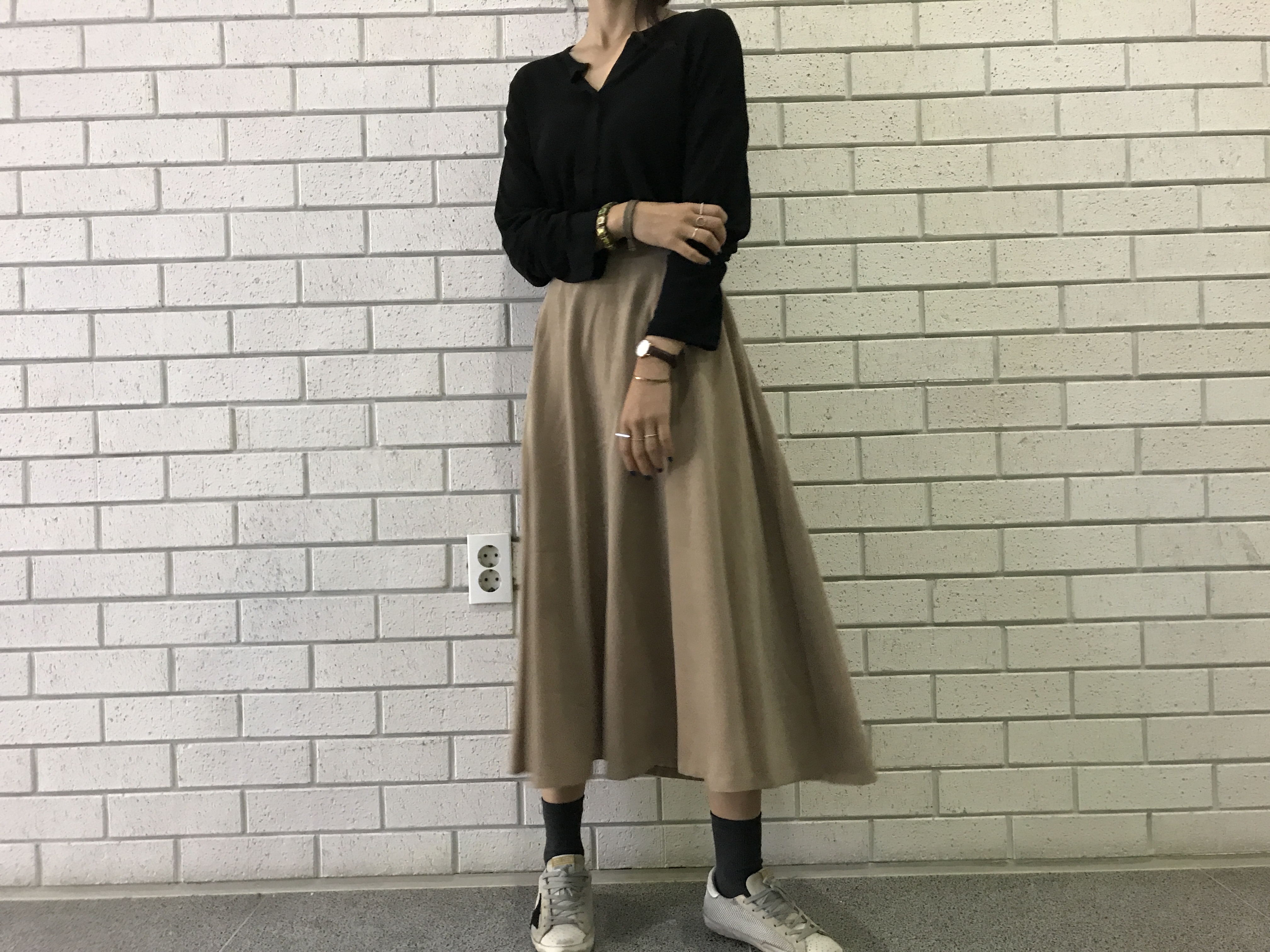 Suede Flare skirt Winter skirt Pleated check Long 