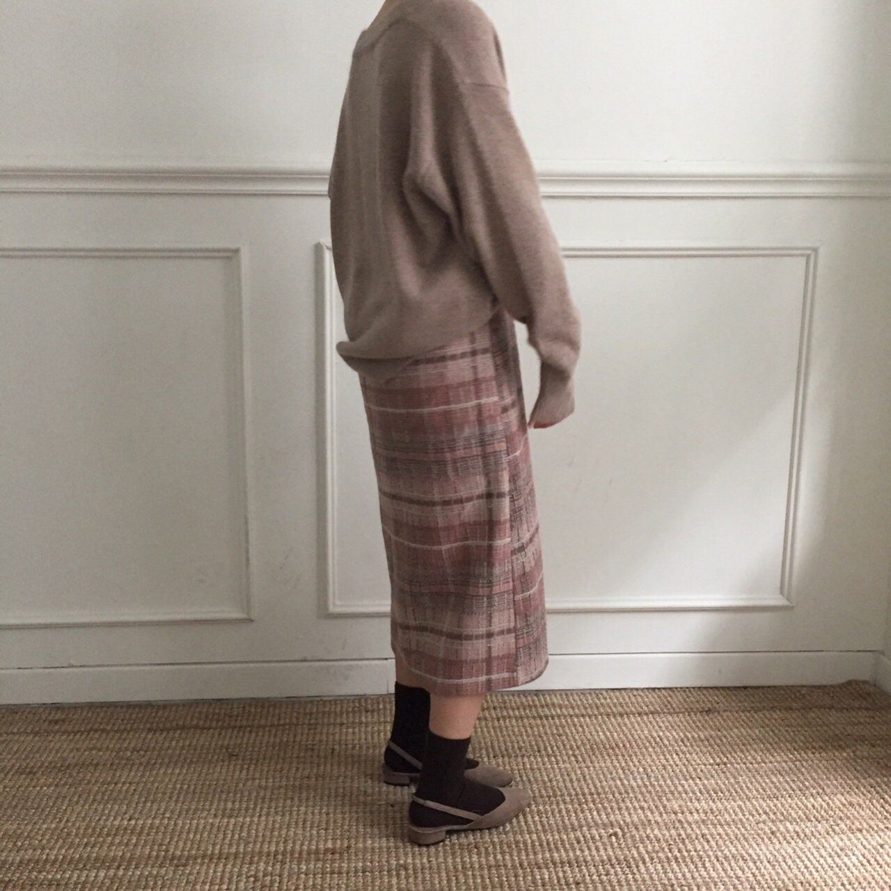 Check-in skirt pink gray wool banding long winter 