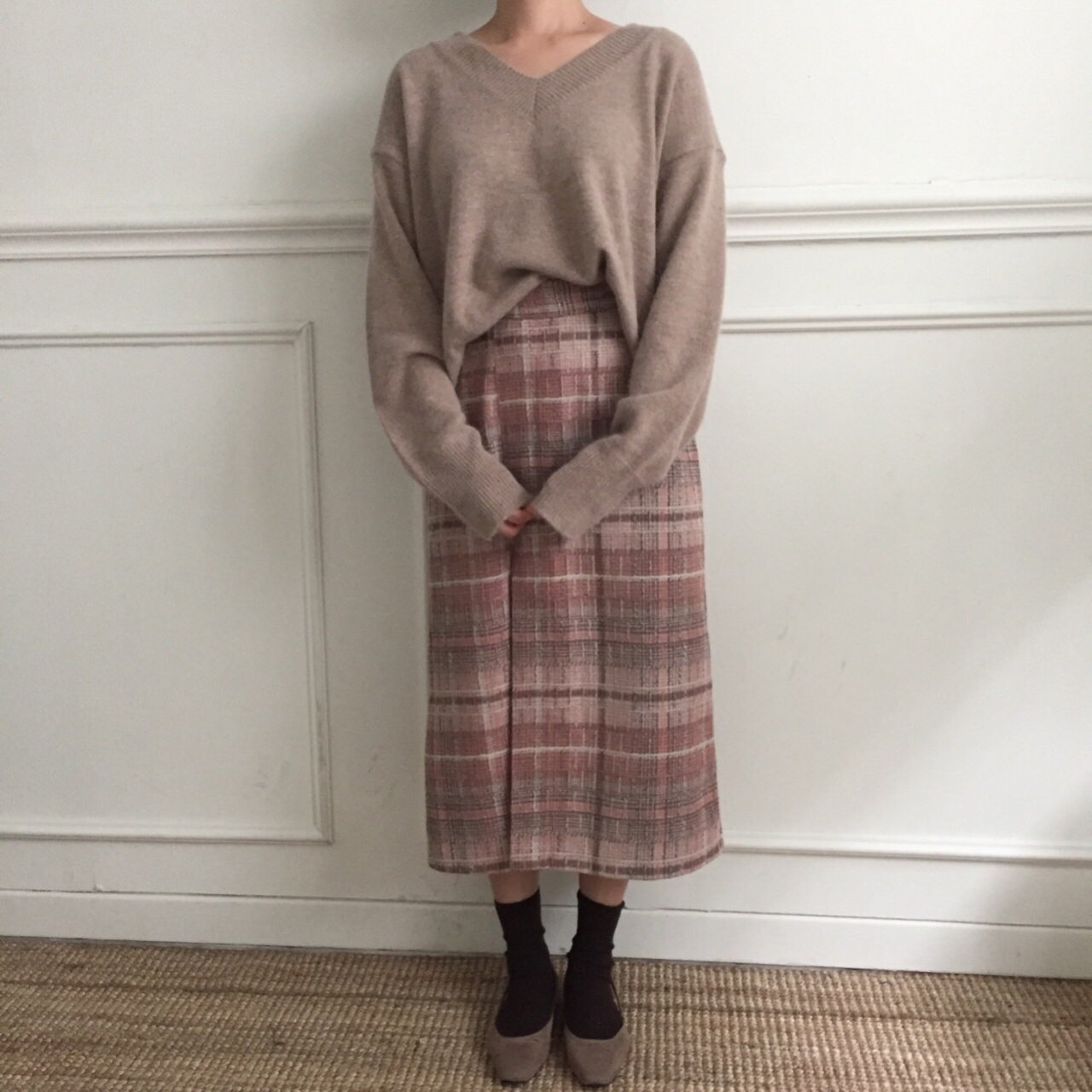 Check-in skirt pink gray wool banding long winter 