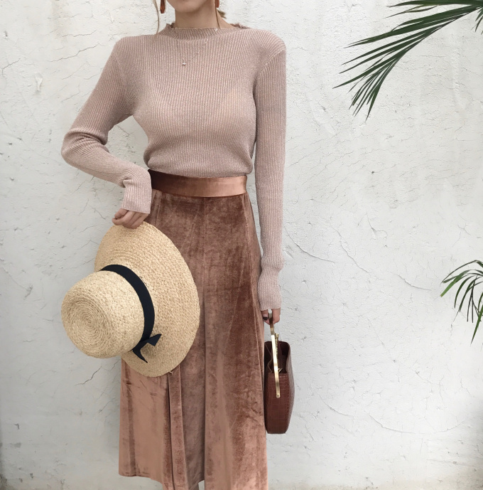 A line winter velvet flare long skirt woman coordi