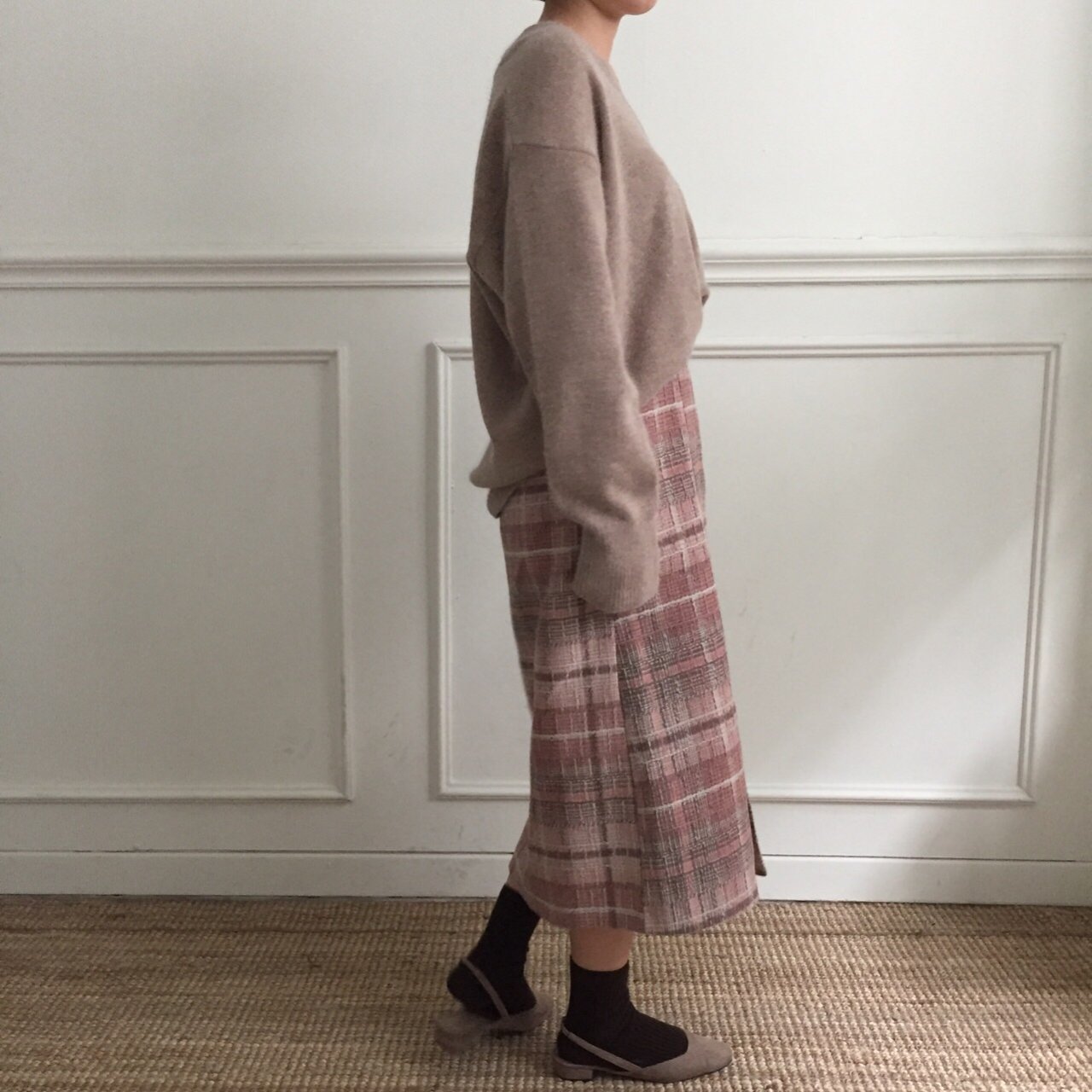Check-in skirt pink gray wool banding long winter 