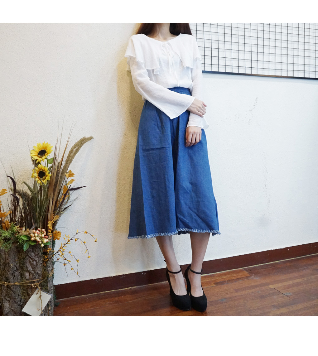 Denim Long flared banding skirt a line Mid Pleated