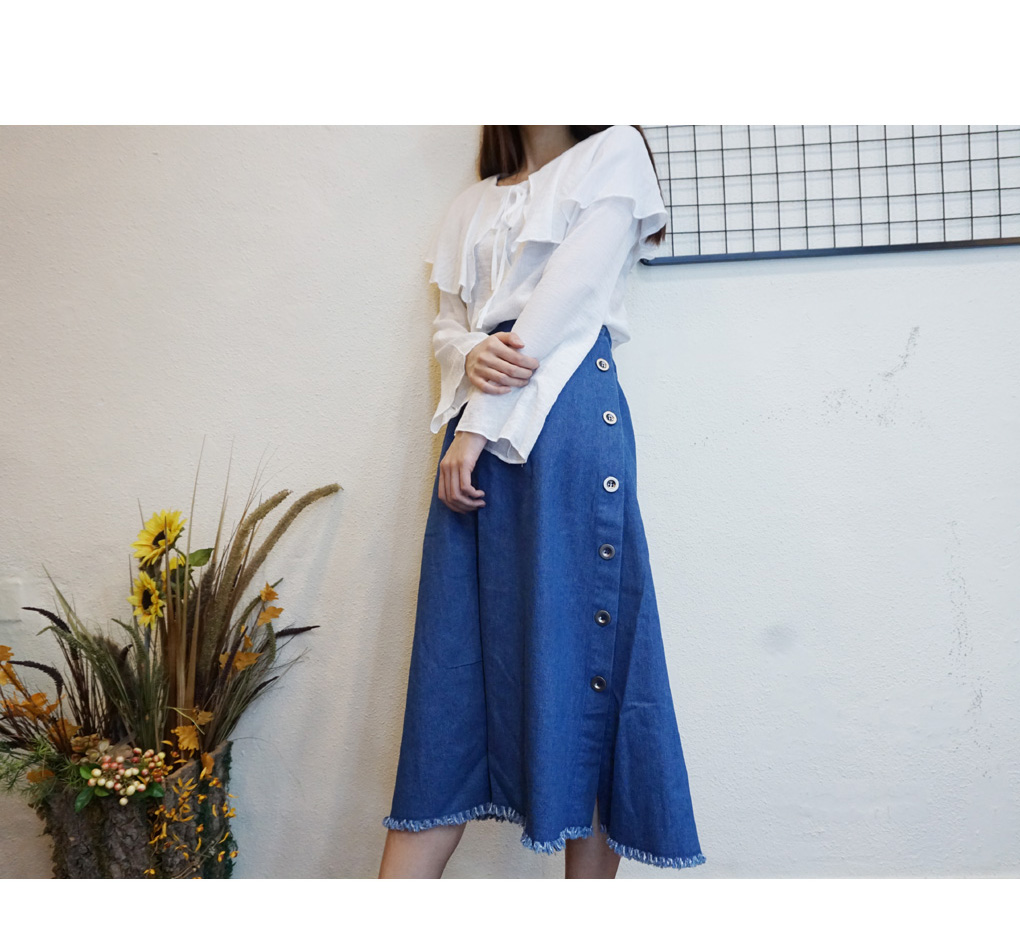 Denim Long flared banding skirt a line Mid Pleated