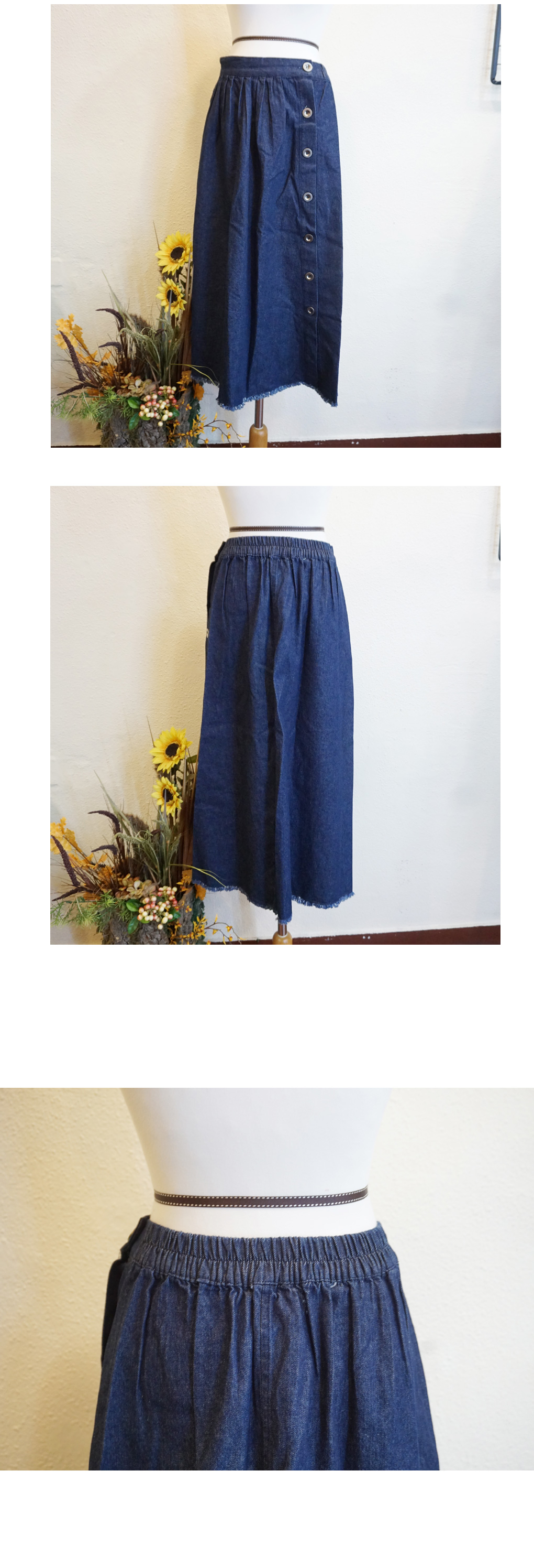 Denim Long flared banding skirt a line Mid Pleated
