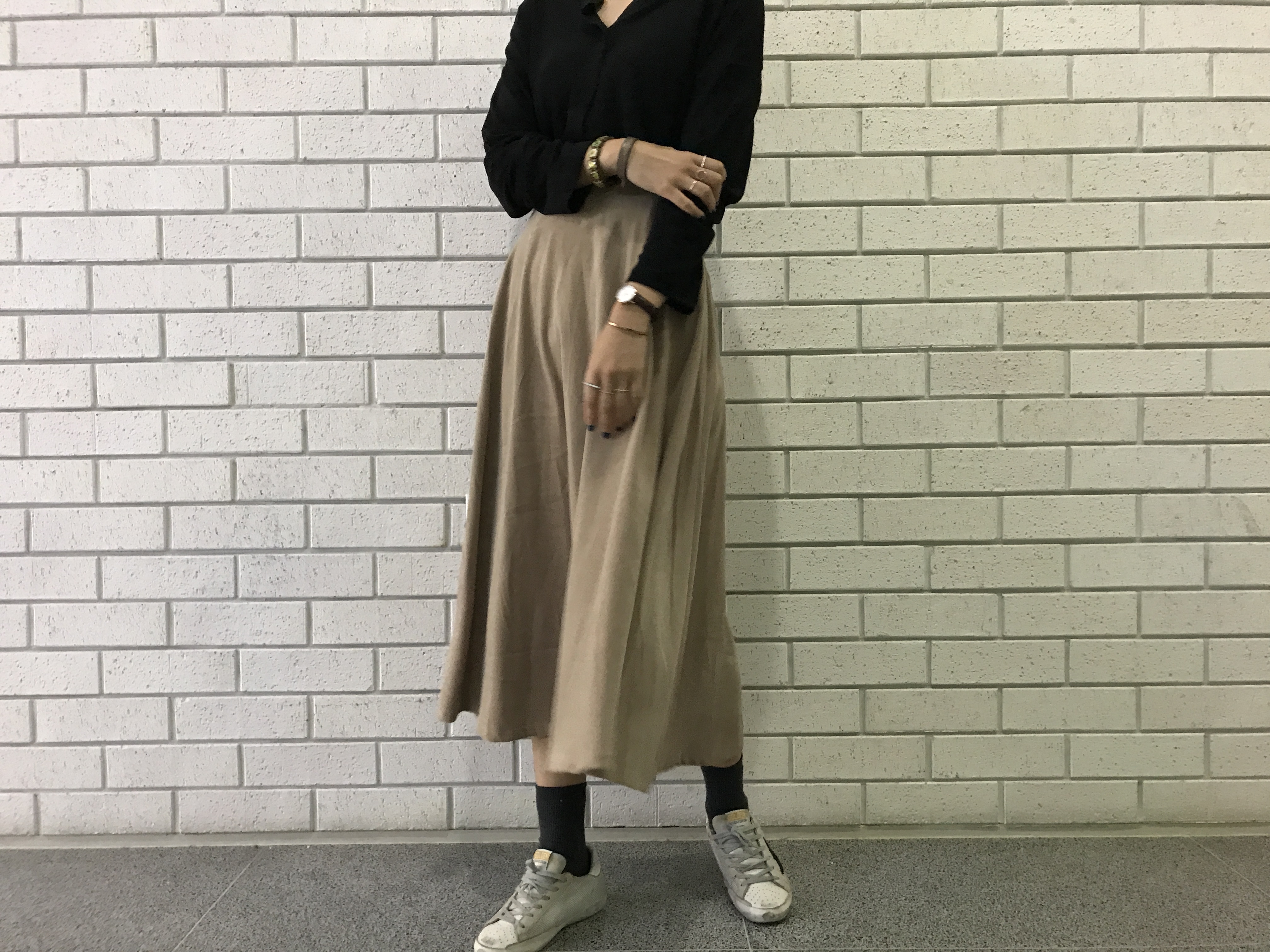 Suede Flare skirt Winter skirt Pleated check Long 