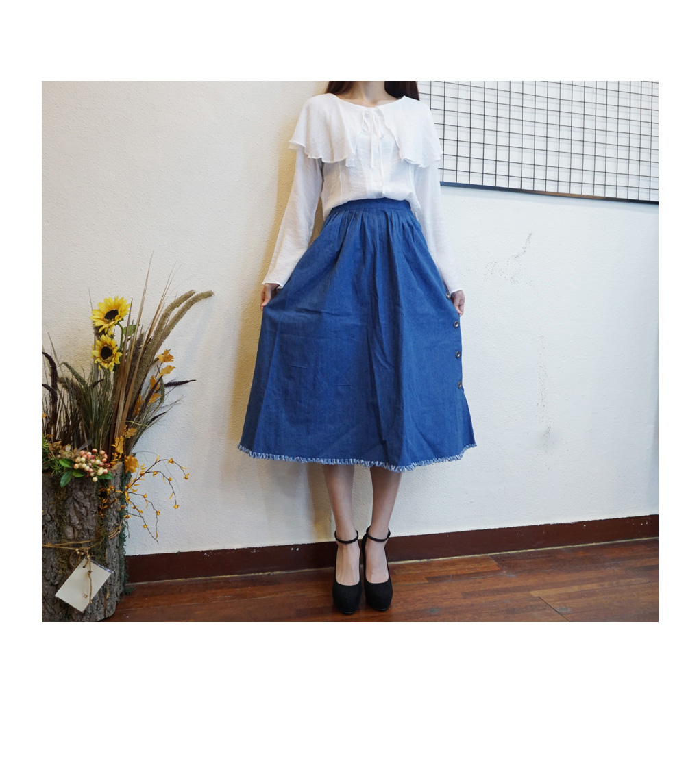 Denim Long flared banding skirt a line Mid Pleated