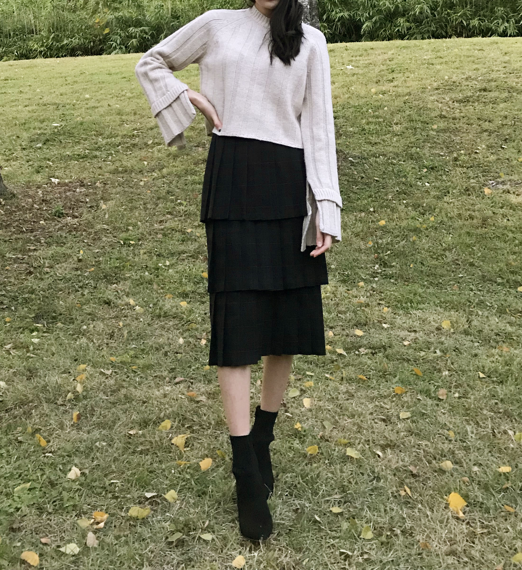 Instant mood check Kankan Long skirt Navy wrinkle 