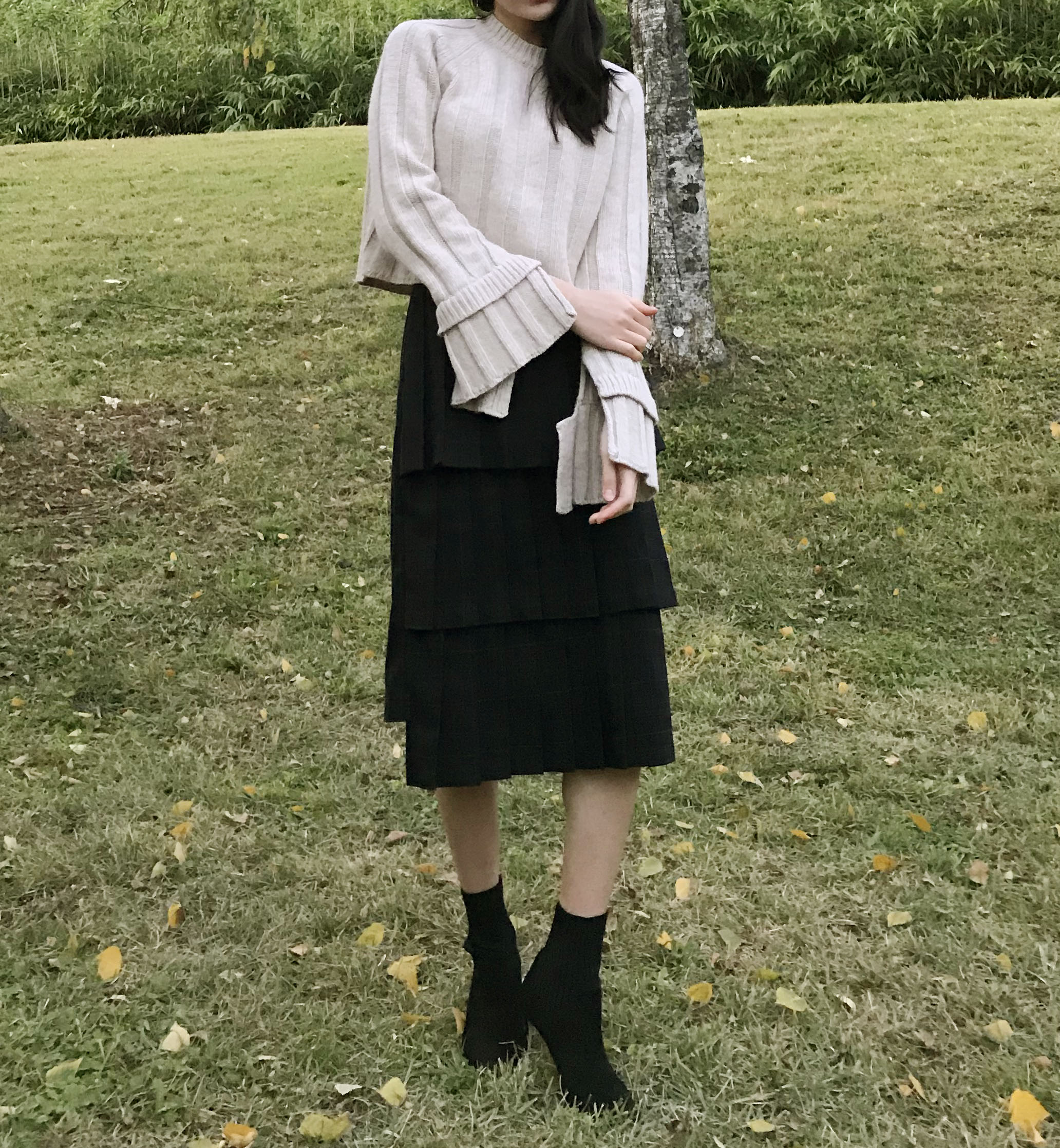 Instant mood check Kankan Long skirt Navy wrinkle 