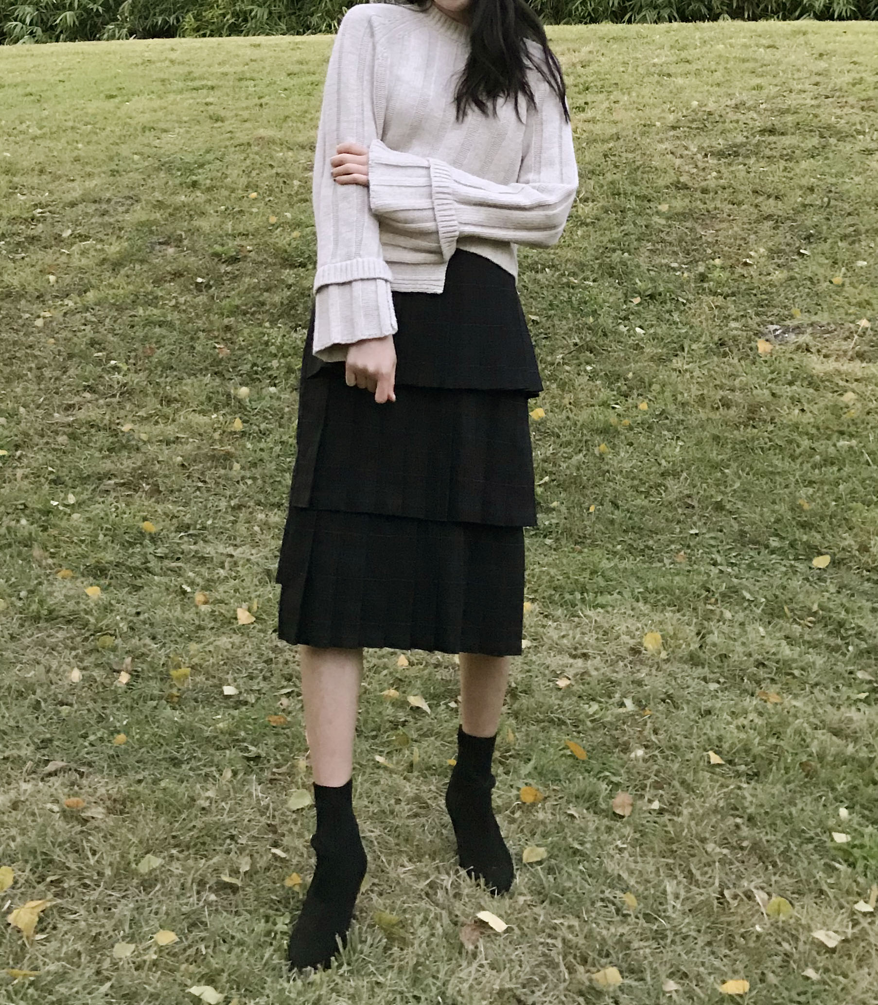 Instant mood check Kankan Long skirt Navy wrinkle 