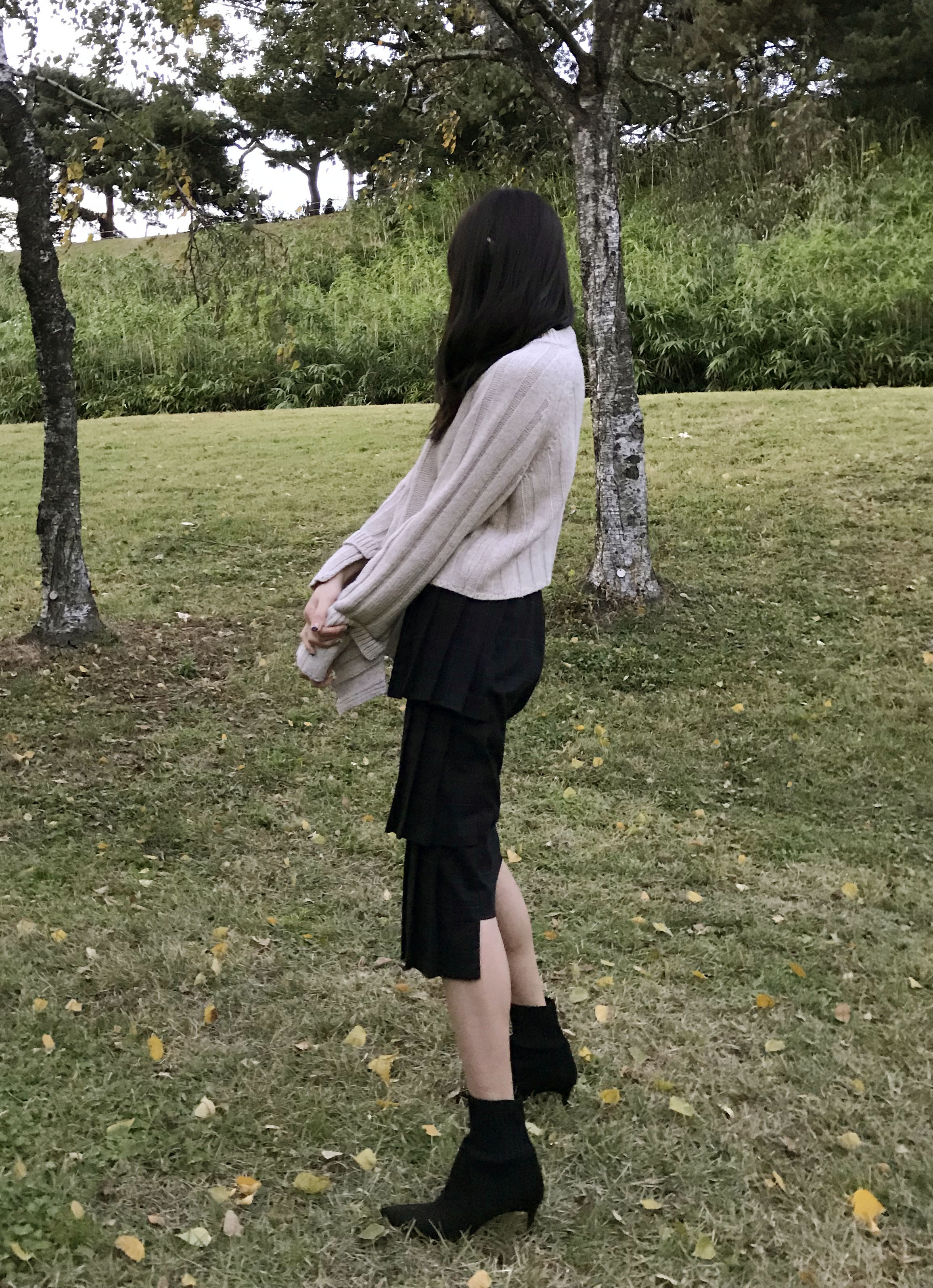 Instant mood check Kankan Long skirt Navy wrinkle 