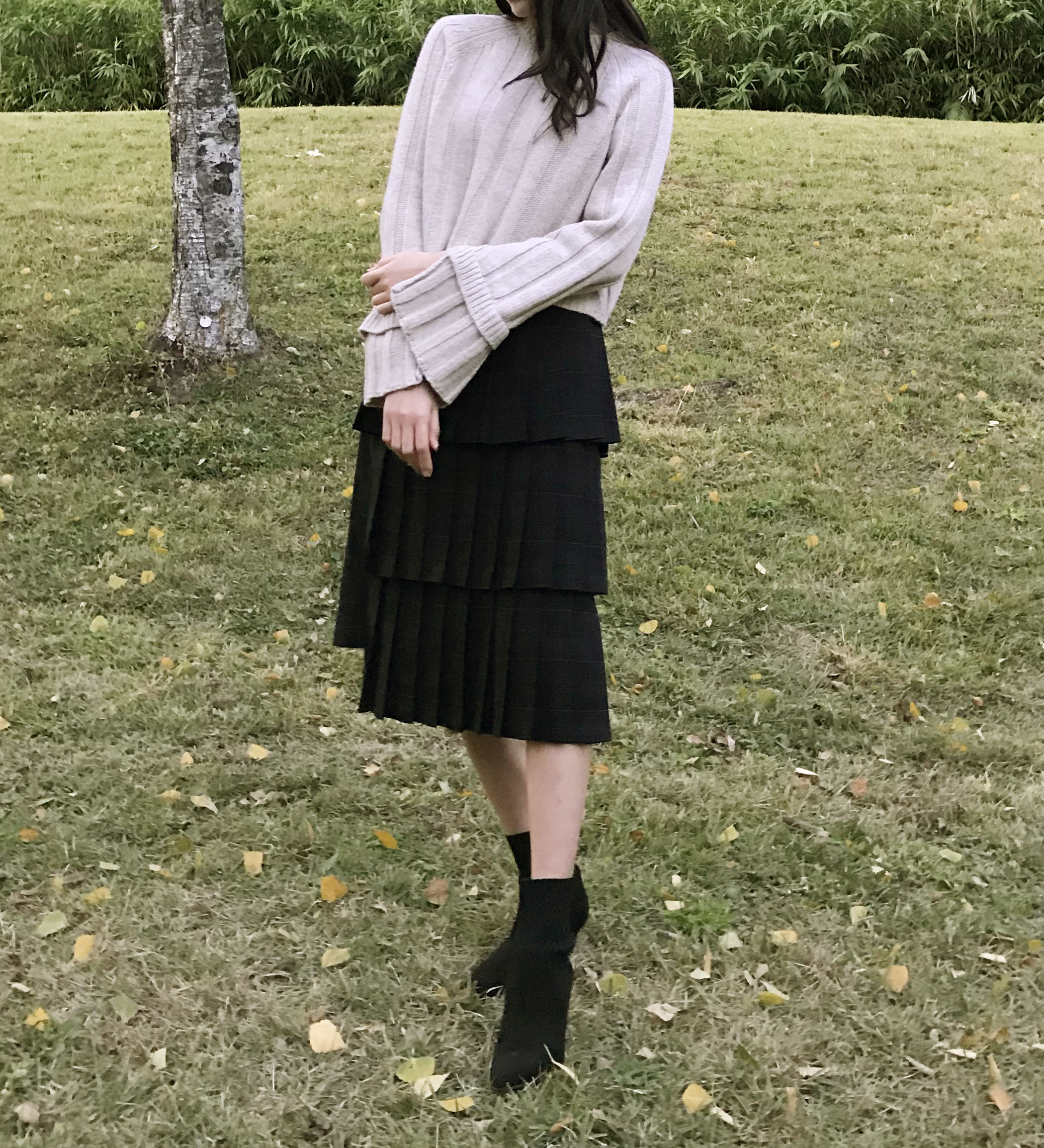 Instant mood check Kankan Long skirt Navy wrinkle 