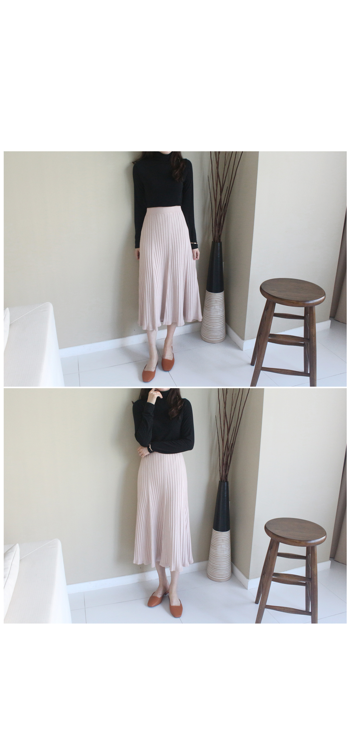 Pleated bending knit long skirt Black pitch Pink g