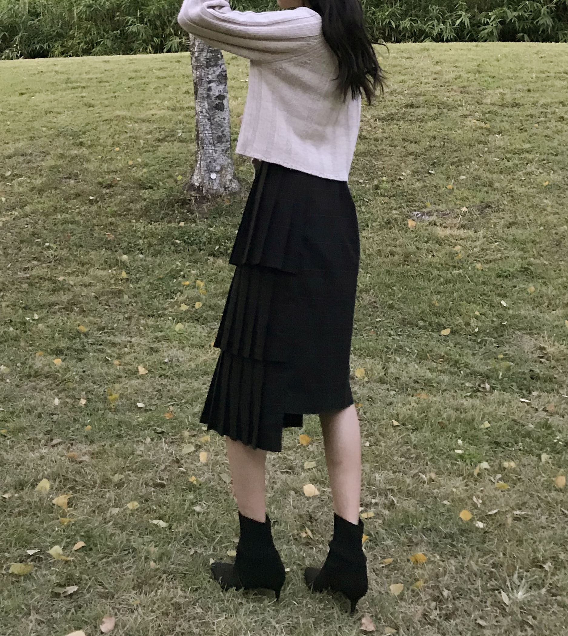 Instant mood check Kankan Long skirt Navy wrinkle 