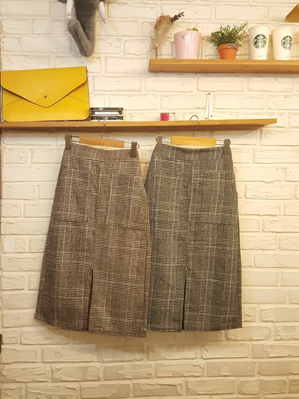 Front Glen check pocket Long skirt H. long skirt