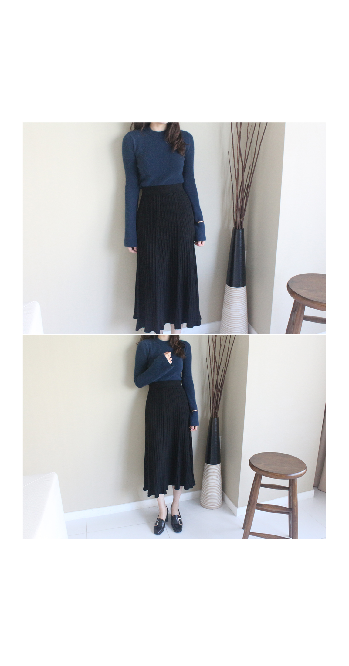 Pleated bending knit long skirt Black pitch Pink g