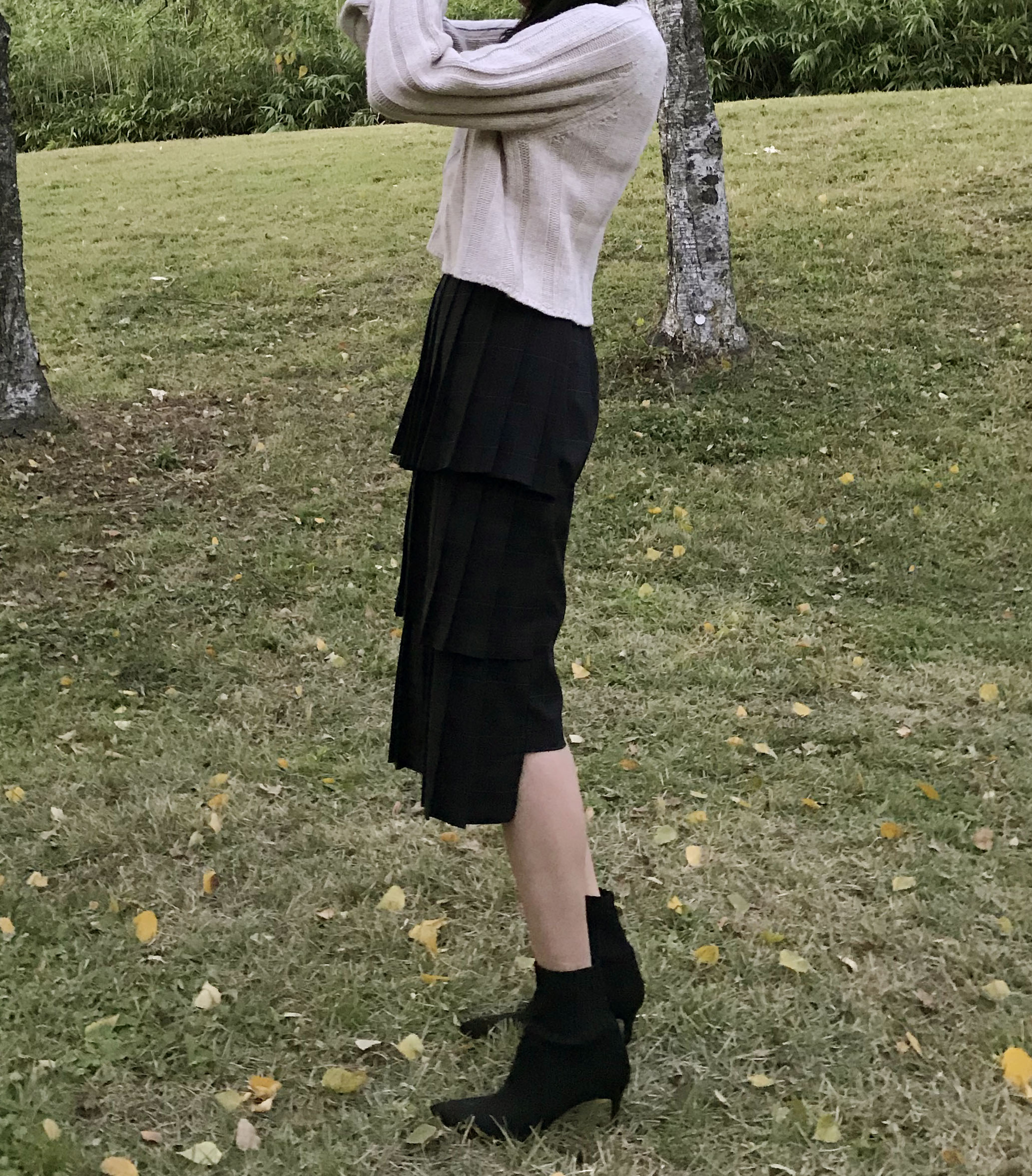 Instant mood check Kankan Long skirt Navy wrinkle 