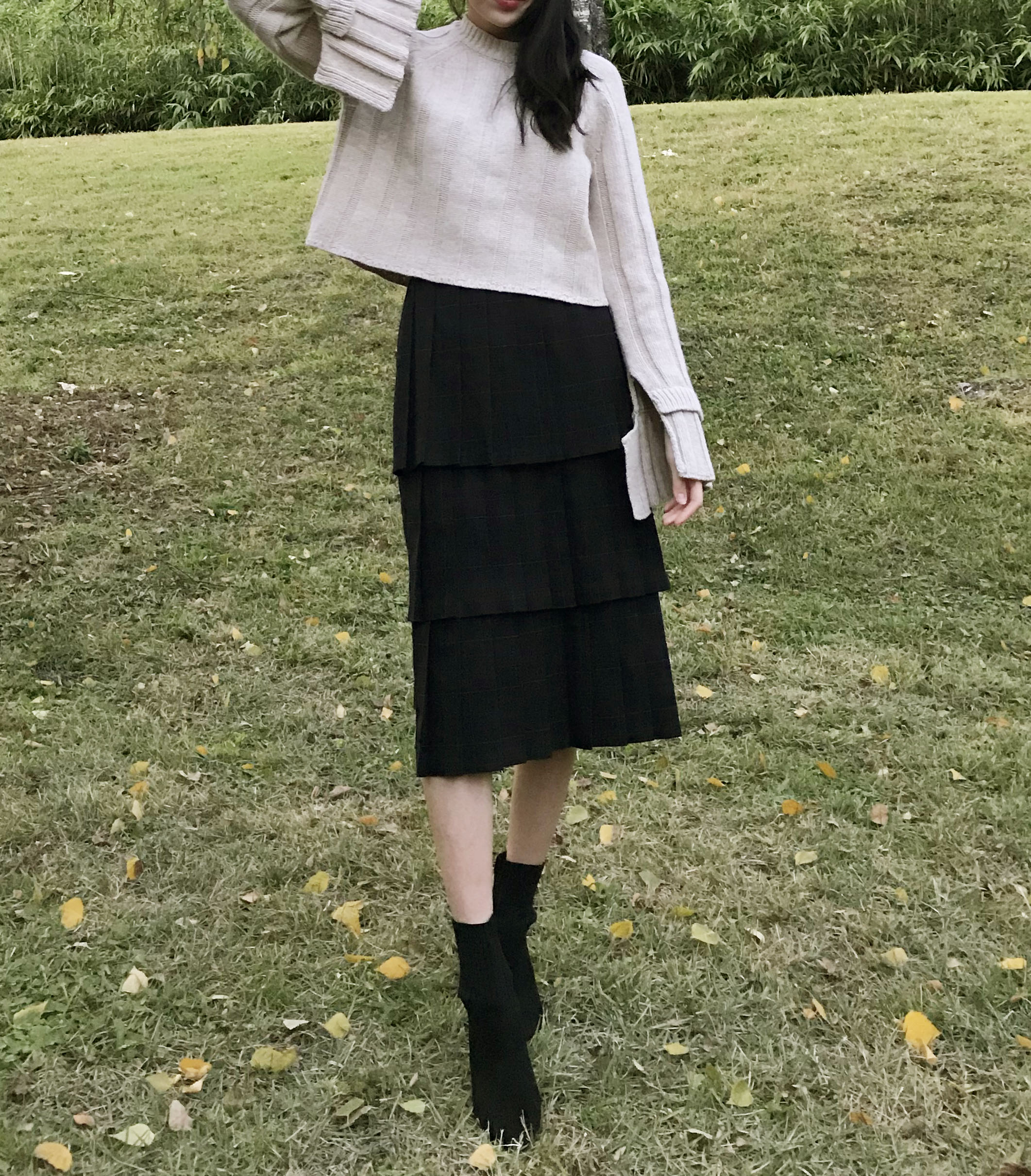 Instant mood check Kankan Long skirt Navy wrinkle 