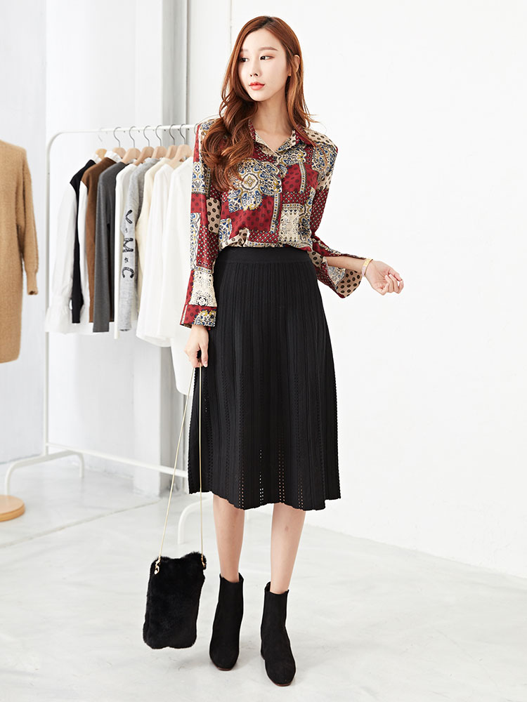 Punching Flare Knit Long Skirt Feminine Date Coord