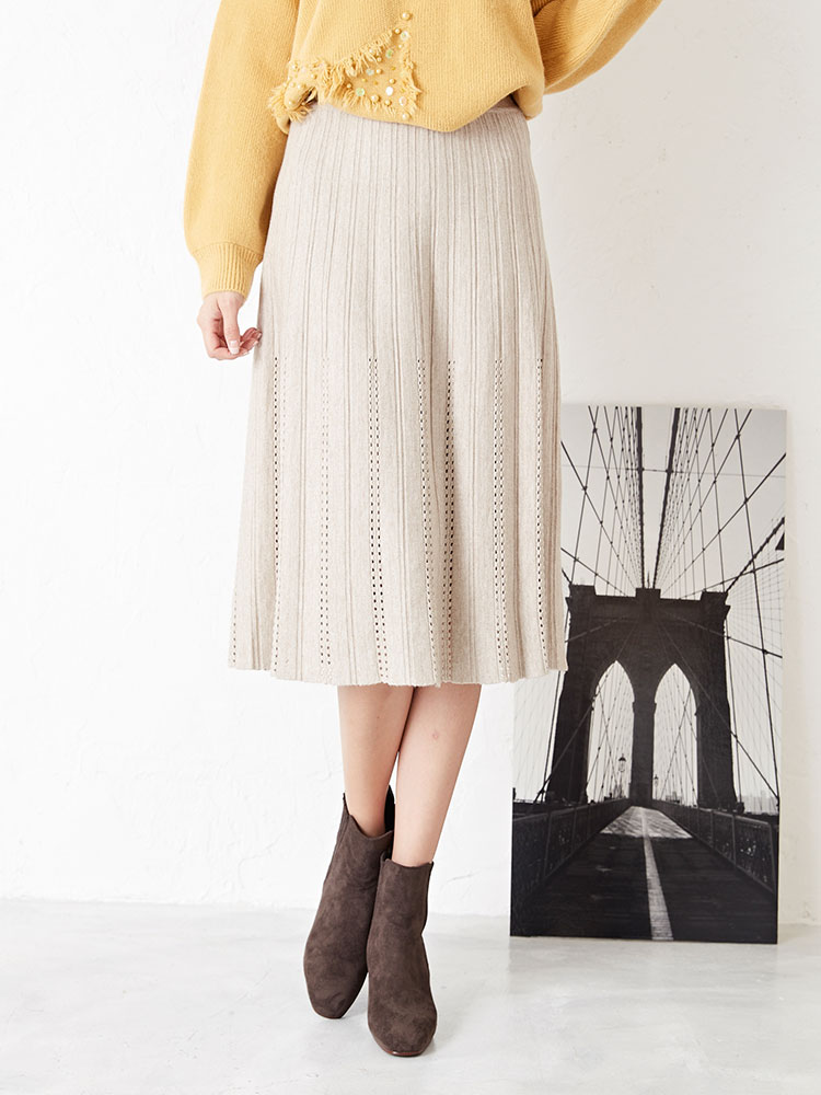 Punching Flare Knit Long Skirt Feminine Date Coord