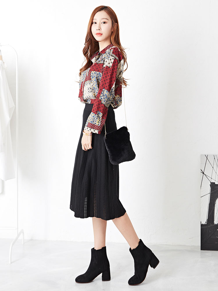 Punching Flare Knit Long Skirt Feminine Date Coord
