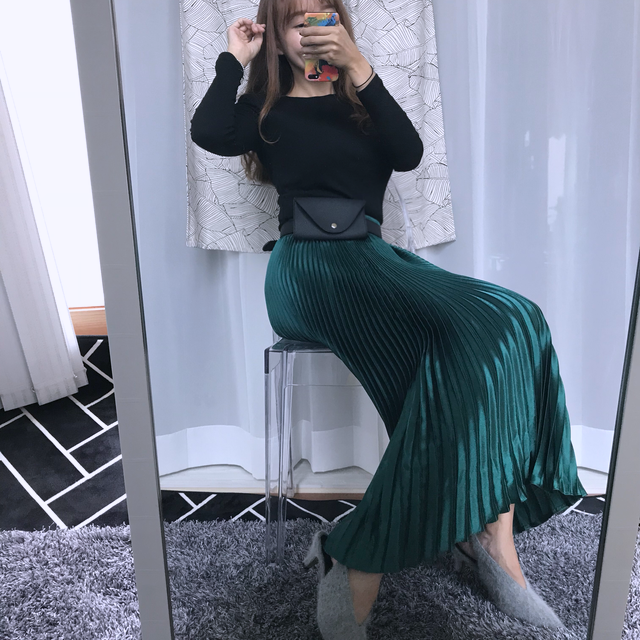 Gloss satin pleated long skirt 6colors Green skirt
