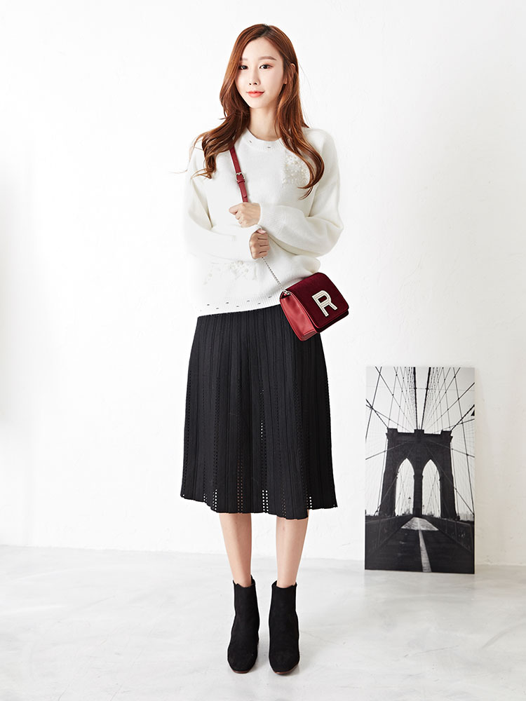 Punching Flare Knit Long Skirt Feminine Date Coord